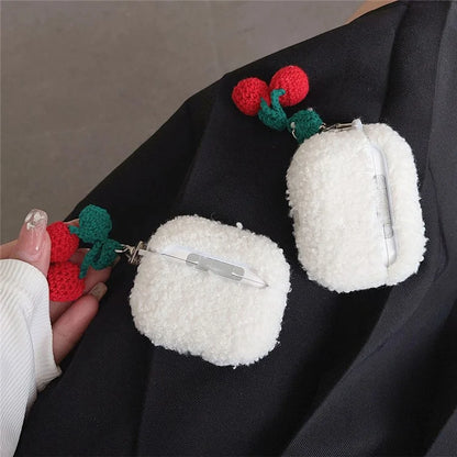 For Apple AirPods Pro 2 Cherry Earphone Case Bluetooth Earbud Plush Fluff Cover with Pendant