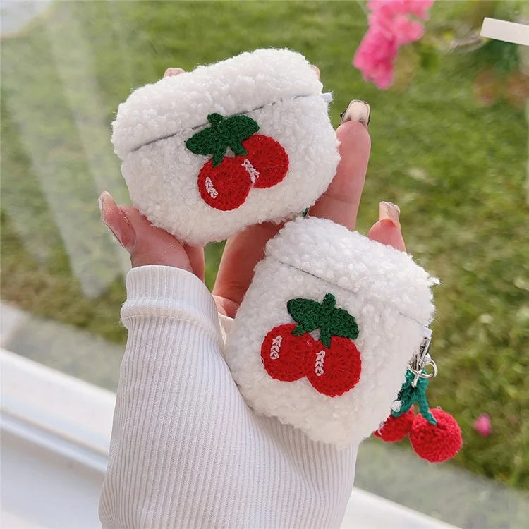 For Apple AirPods Pro 2 Cherry Earphone Case Bluetooth Earbud Plush Fluff Cover with Pendant