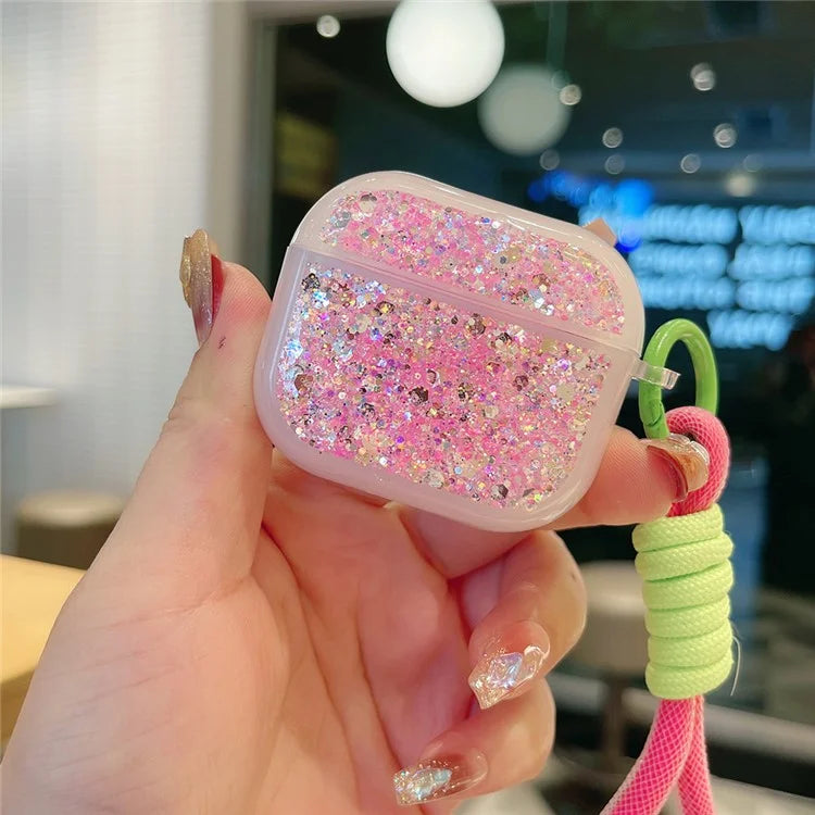 For Apple AirPods Pro Earphone Case Glitter TPU Earbud Holder  with Hand Strap