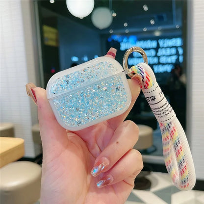 For Apple AirPods Pro Earphone Case Glitter TPU Earbud Holder  with Hand Strap