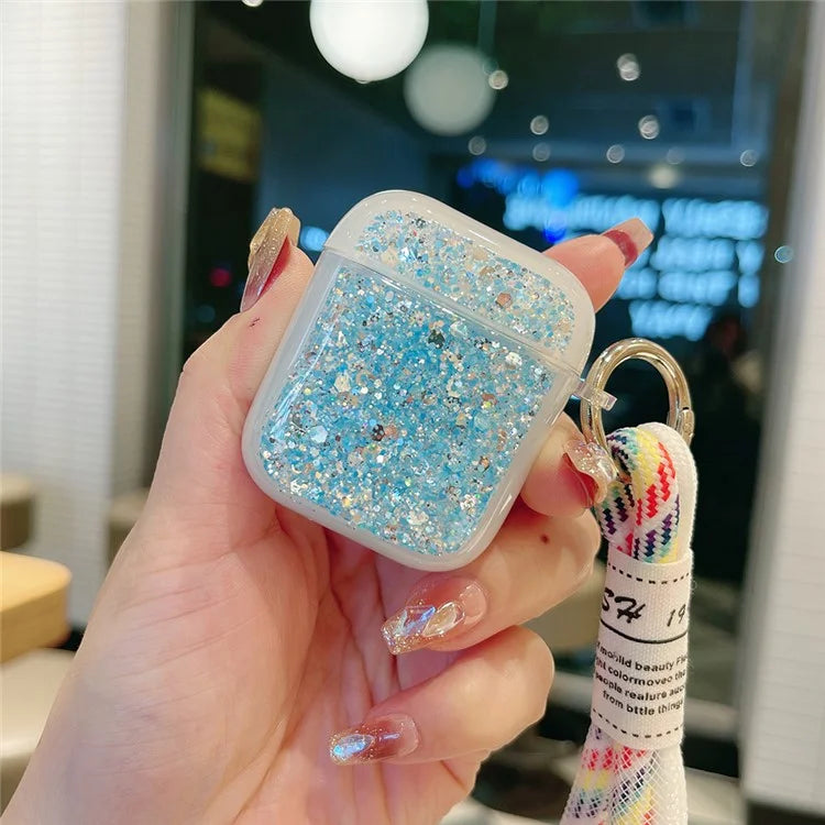 For Apple AirPods with Charging Case (2016) / (2019) / AirPods with Wireless Charging Case (2019) Case Glitter TPU Earphone Cover with Strap