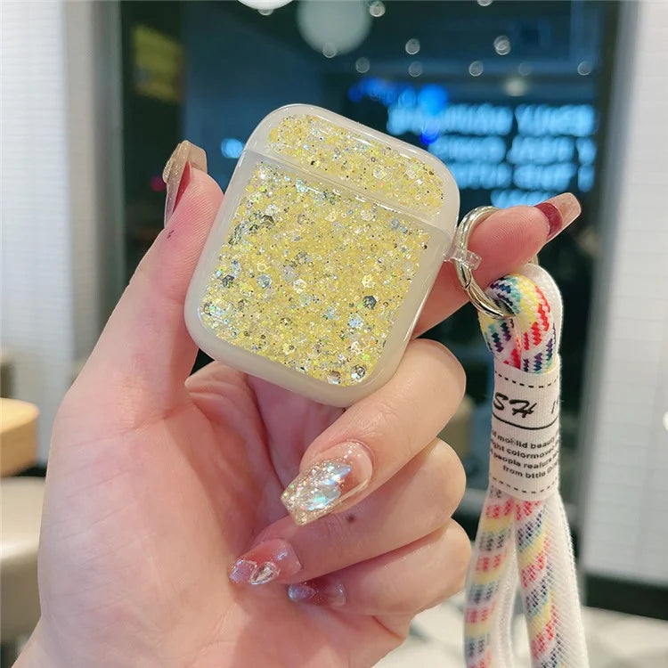 For Apple AirPods with Charging Case (2016) / (2019) / AirPods with Wireless Charging Case (2019) Case Glitter TPU Earphone Cover with Strap