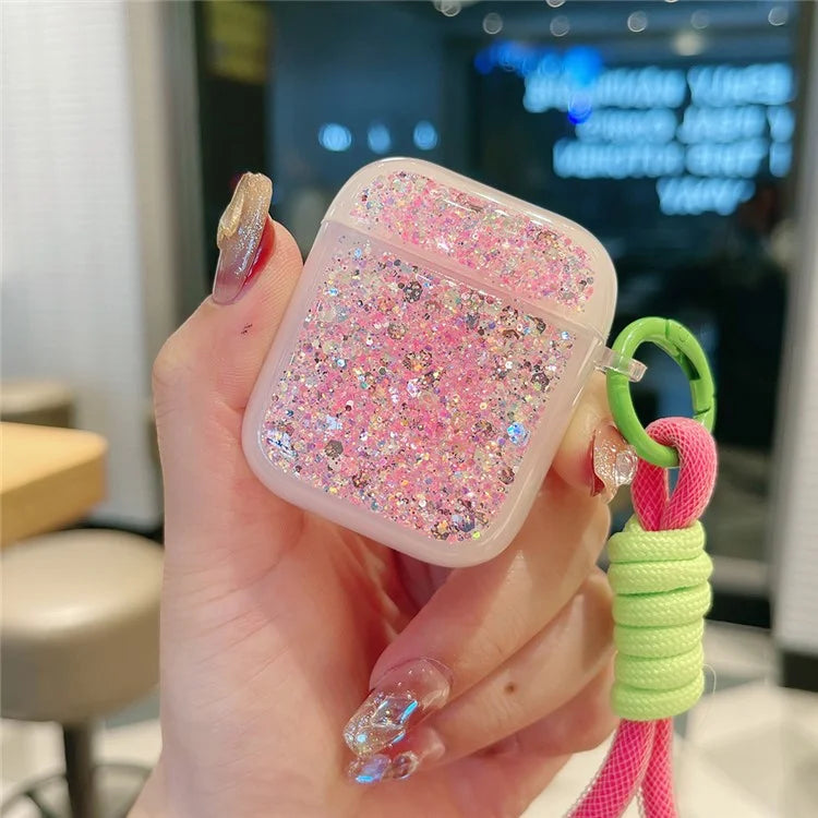 For Apple AirPods with Charging Case (2016) / (2019) / AirPods with Wireless Charging Case (2019) Case Glitter TPU Earphone Cover with Strap