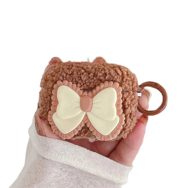 For Apple AirPods Pro 2 Plush Case Bowknot Decor Fluffy Earphone Cover with Ring Buckle