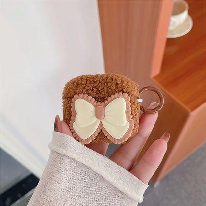 For Apple AirPods 3 Fluffy Earphone Case Bowknot Decor Earbud Anti-drop Cover with Ring Buckle