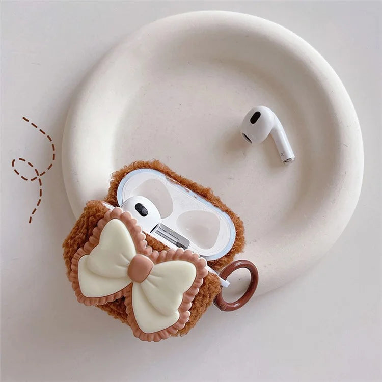 For Apple AirPods 3 Fluffy Earphone Case Bowknot Decor Earbud Anti-drop Cover with Ring Buckle