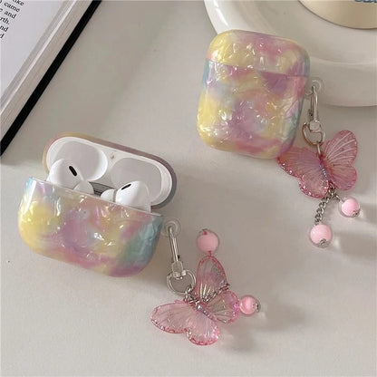 For Apple AirPods Pro Cover Rainbow Shell Texture TPU Earphone Case with Butterfly Pendant