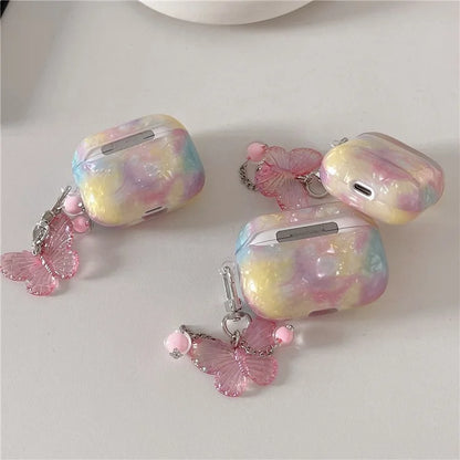 For Apple AirPods Pro Cover Rainbow Shell Texture TPU Earphone Case with Butterfly Pendant