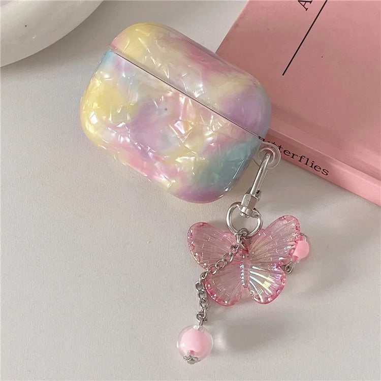 For Apple AirPods 3 TPU Protective Cover Rainbow Shell Texture Earphone Case with Butterfly Pendant