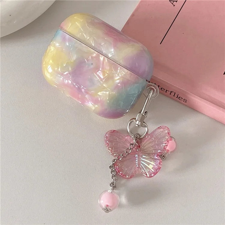 For AirPods Pro 2 Rainbow Shell Texture TPU Cover Anti-drop Earphone Case with Butterfly Pendant