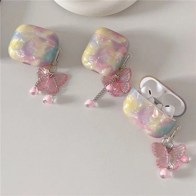 For AirPods Pro 2 Rainbow Shell Texture TPU Cover Anti-drop Earphone Case with Butterfly Pendant