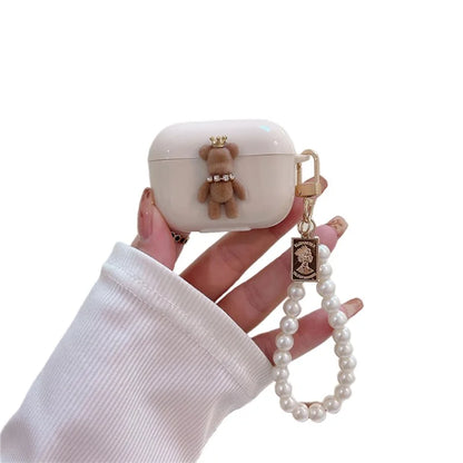 For Apple AirPods Pro Cute Bear TPU Cover Bluetooth Earphone Anti-drop Case with Pearl Bracelet