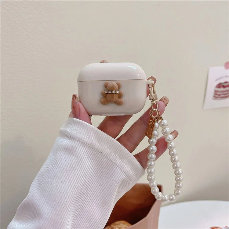 For Apple AirPods Pro Cute Bear TPU Cover Bluetooth Earphone Anti-drop Case with Pearl Bracelet