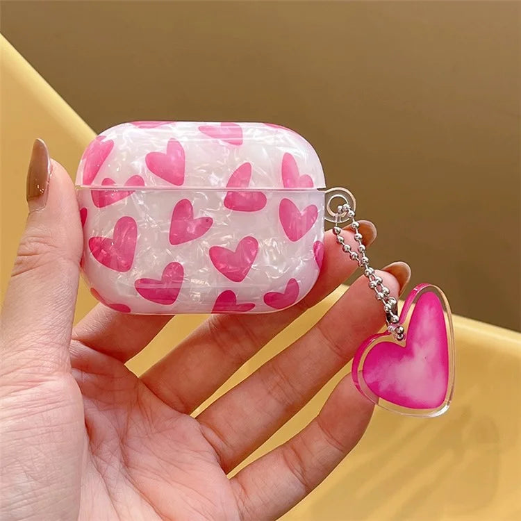 For Apple AirPods Pro Heart Pattern Shell Texture TPU Cover Anti-drop Earphone Case with Pendant