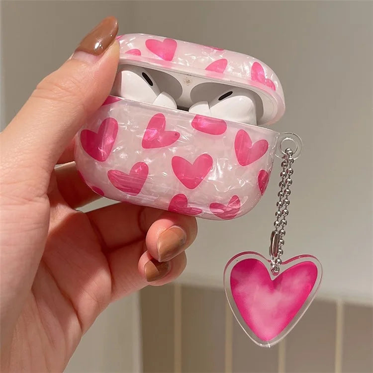 For Apple AirPods Pro Heart Pattern Shell Texture TPU Cover Anti-drop Earphone Case with Pendant