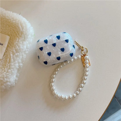 For AirPods Pro 2 Blue Heart Pattern Protective Cover Shell Texture Bluetooth Earphone TPU Case with Bracelet