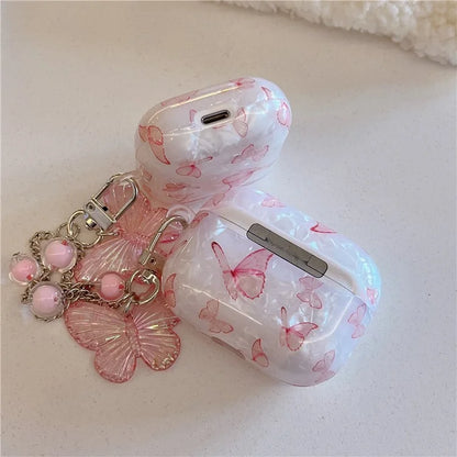 For Apple AirPods 3 Pink Butterfly Pattern Protective Cover TPU Earphone Anti-drop Case with Pendant