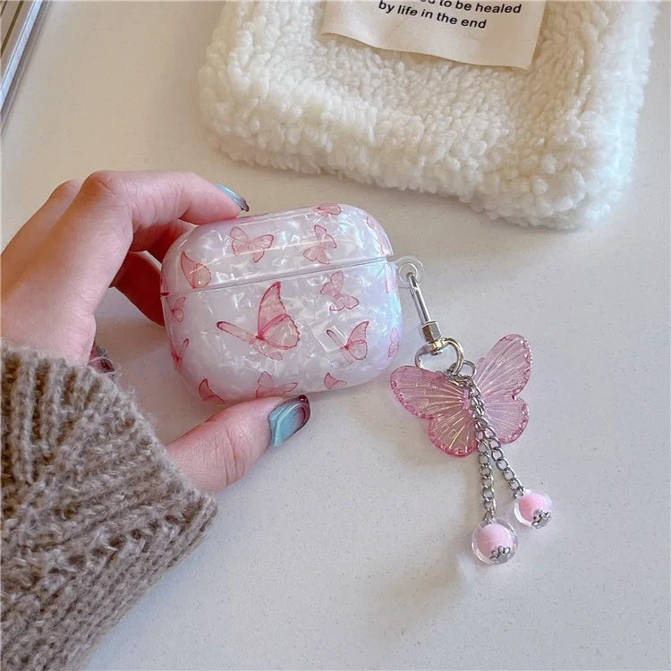 For Apple AirPods 3 Pink Butterfly Pattern Protective Cover TPU Earphone Anti-drop Case with Pendant