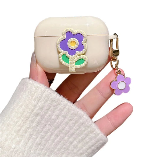 For Apple AirPods Pro Case Pearl Flower TPU Cover Earphone Organizer Carrying Case with Pendant