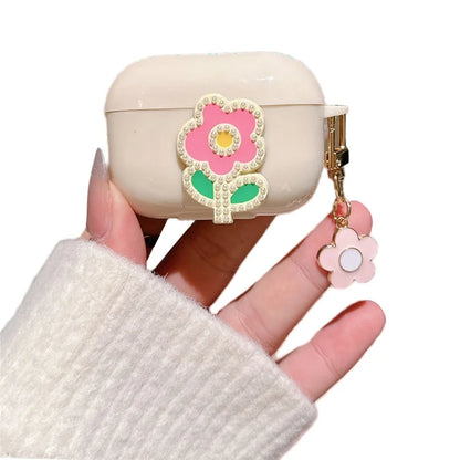 For Apple AirPods Pro Case Pearl Flower TPU Cover Earphone Organizer Carrying Case with Pendant