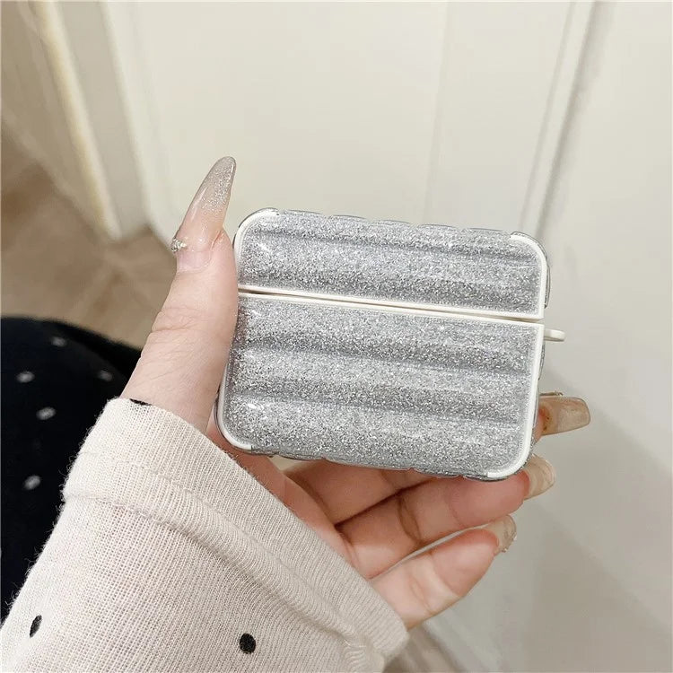 For Apple AirPods 3 Glitter Case Down Jacket Design Leather+TPU Earphone Cover with Anti-Lost Buckle