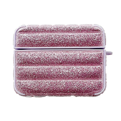 For Apple AirPods 3 Glitter Case Down Jacket Design Leather+TPU Earphone Cover with Anti-Lost Buckle