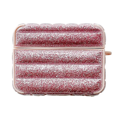 For Apple AirPods 3 Glitter Case Down Jacket Design Leather+TPU Earphone Cover with Anti-Lost Buckle