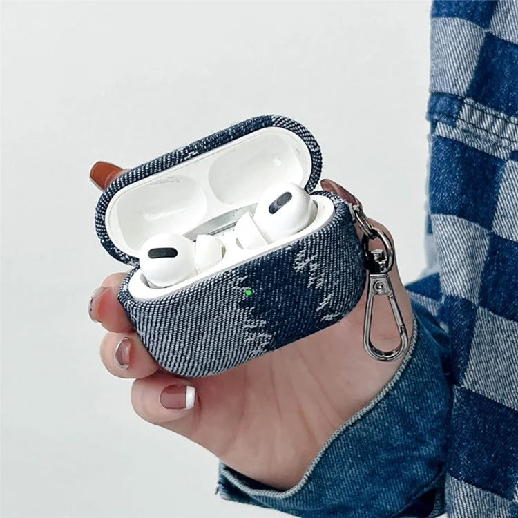 For Apple AirPods Pro Splicing Denim Bluetooth Earphone Cover Protective Case with Metal Hook