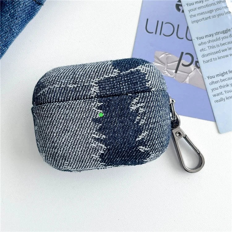 For Apple AirPods Pro Splicing Denim Bluetooth Earphone Cover Protective Case with Metal Hook