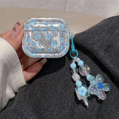 For AirPods Pro 2 Drop Protection TPU Cover Blue Flower Pattern TWS Earphone Case with Pendant