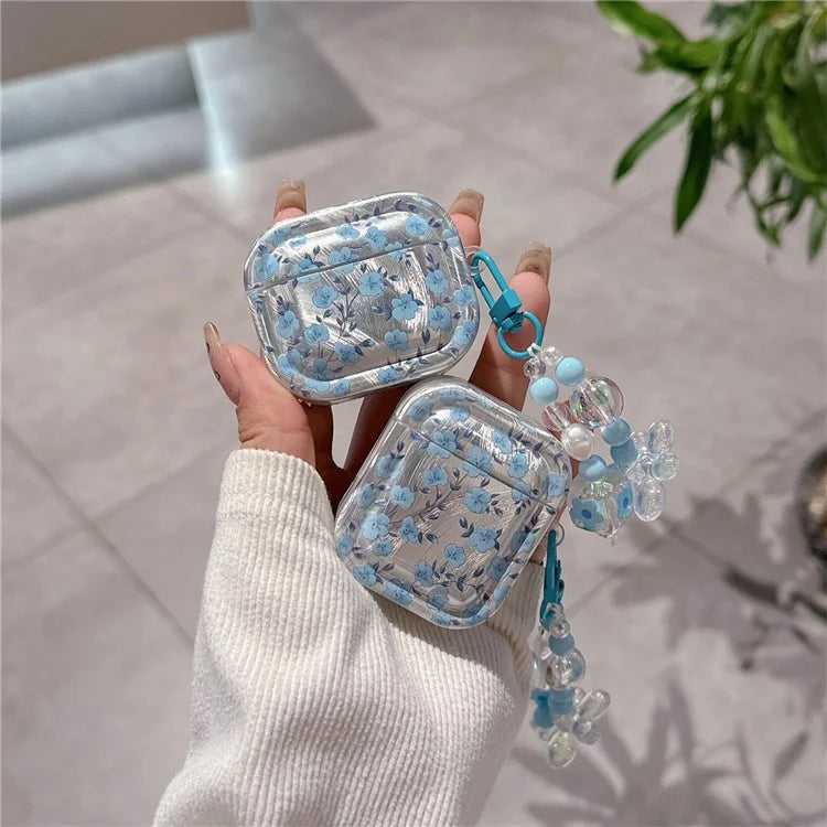 For AirPods Pro 2 Drop Protection TPU Cover Blue Flower Pattern TWS Earphone Case with Pendant