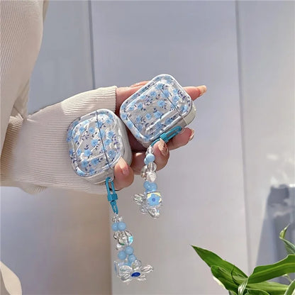 For AirPods Pro 2 Drop Protection TPU Cover Blue Flower Pattern TWS Earphone Case with Pendant