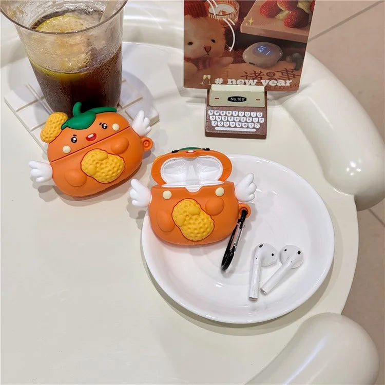 For Apple AirPods with Wireless Charging Case (2019)  /  AirPods with Charging Case (2019) (2016) Cartoon Persimmon Peanut Silicone Case