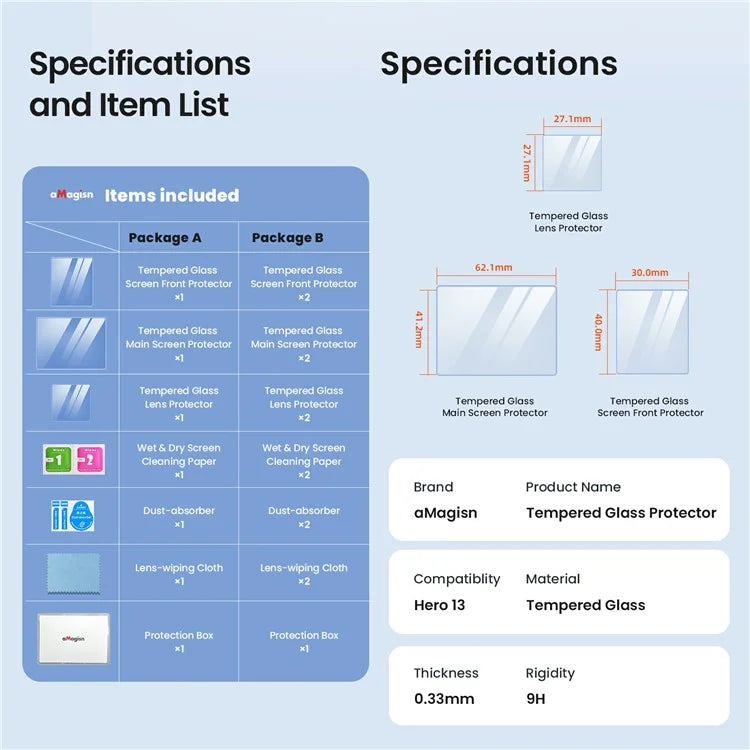 AMAGISN For GoPro Hero 13 Tempered Glass Film Set 2 Front Screen Protector + 2 Main Screen Protector + 2 Lens Protector